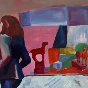 Abstract oil painting of a woman and dogs, capturing dynamic motion and the connection between the figures in bold, expressive forms.